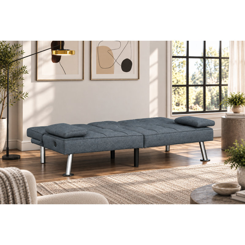 SoftHaus 65" Modern Gray Convertible Futon Sofa Bed with Fold-Down Console, USB Charging Ports and Cupholders