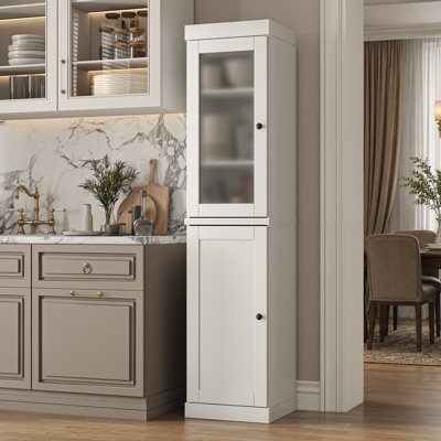 100% Solid Wood Kitchen Pantry Cabinet, Tall Freestanding Modular Storage With Frosted Glass & Shaker Doors, Adjustable Shelves, 16.5" W X 71.5" H
