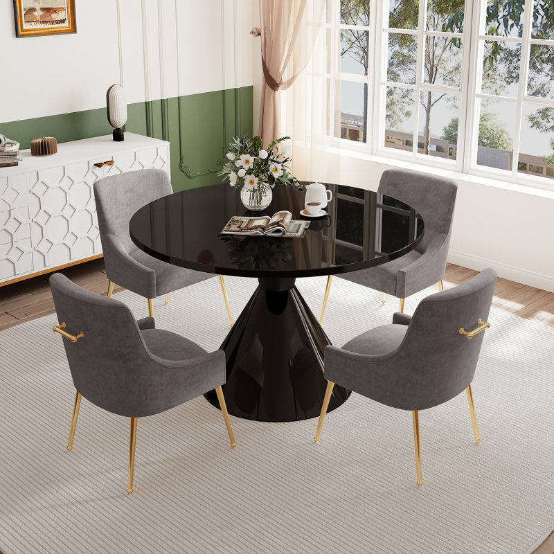 Magallanes 4 - Person Round Table Dining Set with Velvet Dining Chairs, Black, Gray