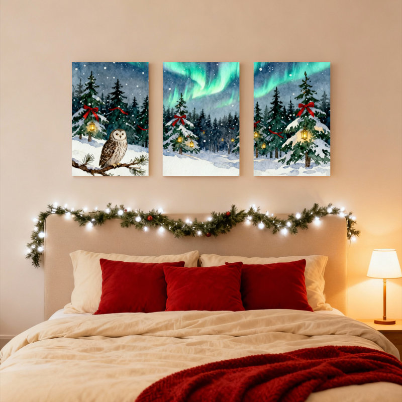 Ensemble de 3 tableaux sur toile tendue représentant un hibou des forêts d'hiver, des aurores boréales et un sapin de Noël.