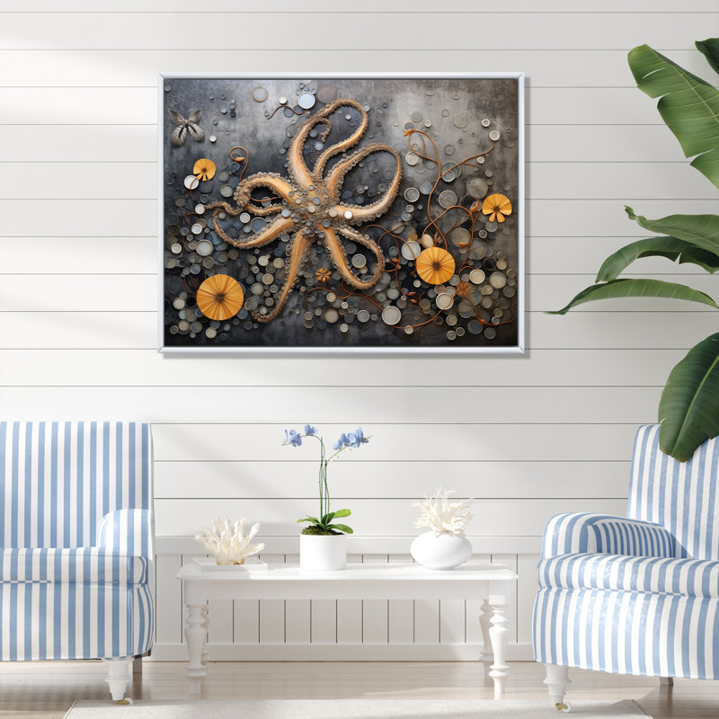 Portrait de pieuvre mystique brune, peinture I, H 24 po x l 32 po x P 1 po, Cadre flottant blanc