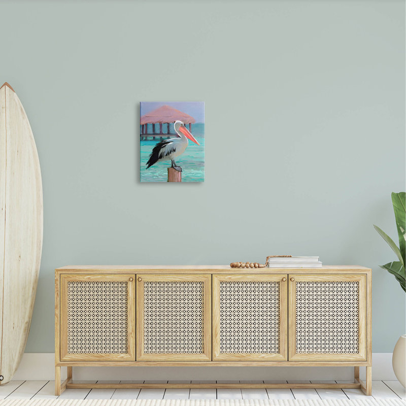Pélican perché tropical par Ziwei Li - peinture sur toile tendue, H 20 po x l 16 po x P 1,5 po