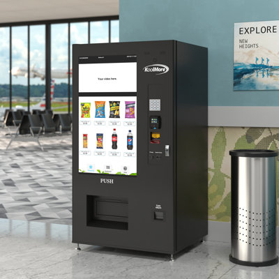 Refrigerated Snack Vending Machine In Black With 48 Slots Featuring Ample 49 Inch Touch Display, Bill Acceptor, Credit Card Reader, Wifi and 4G Connectivity