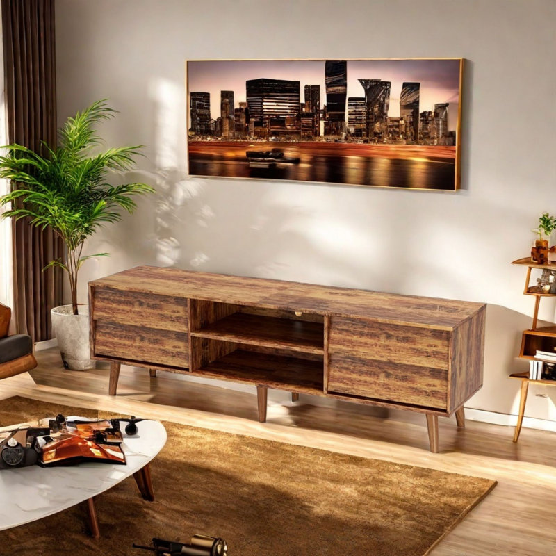 Meuble télé avec 2 tablettes et 4 tiroirs, pour téléviseur de 60 po, Brun