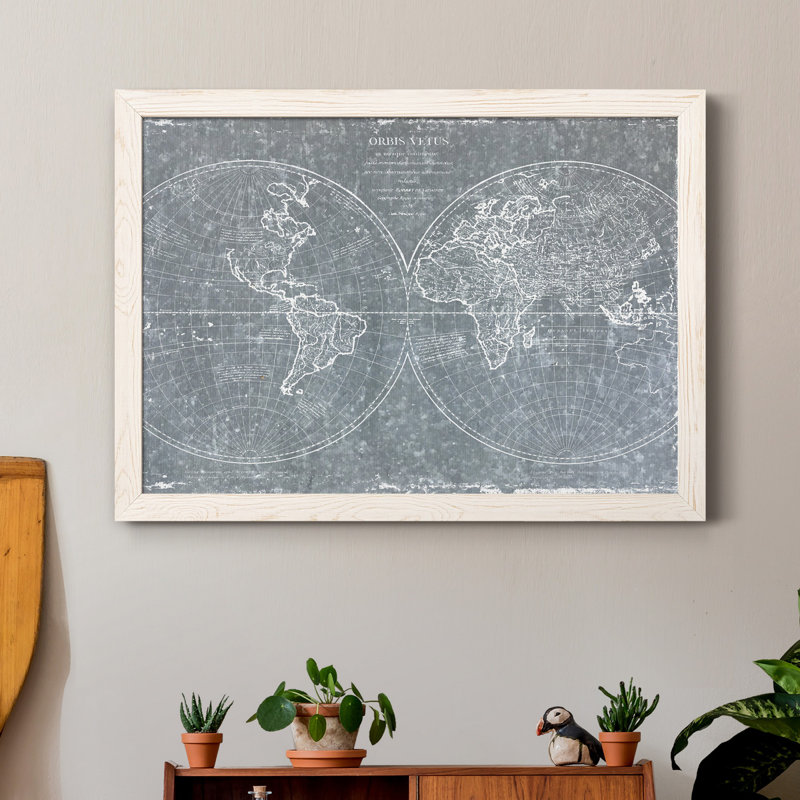 Carte du monde galvanisée, reproduction d'art graphique sur toile, H 31 po x l 44 po x P 1 po, Cadre blanc