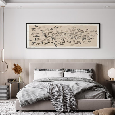 Abstract Bird Flock in Motion Wall Mural Illustrations Extra Large Framed Wall Art Print Decor (Frame Assembly Required)