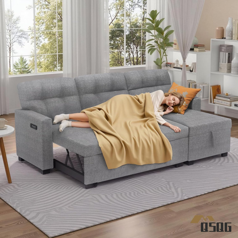 Reversible Sectional Sofa Couch, Sleeper Sofa Bed With Storage Chaise Pull Out Couch For Living Room | Hidden Stroge | Pull Out Bed | Removable Backrest | Linen Fabric