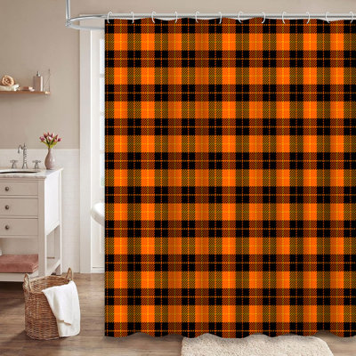 Rideau de douche Halloween à carreaux orange et noir avec 12 crochets
