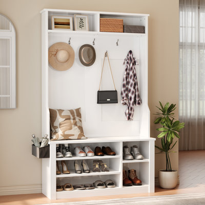 Farmhouse Hall Tree – Bench, Shoe Storage, Side Baskets & Hooks for Entryway