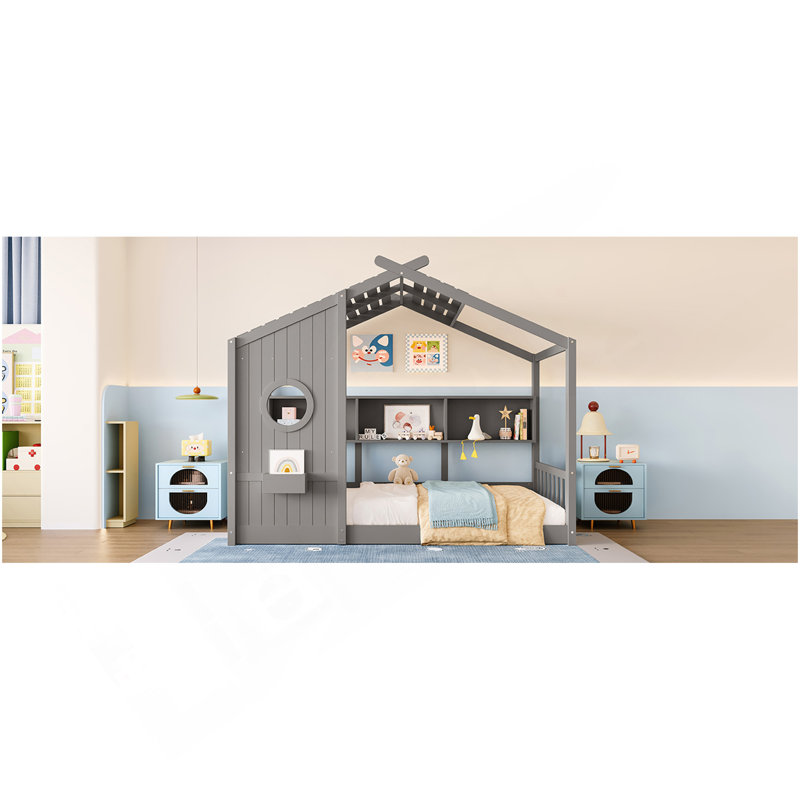 Lit simple pour enfant, lit Montessori pour enfant avec tablette de rangement, lit de jeu avec toit, gris
