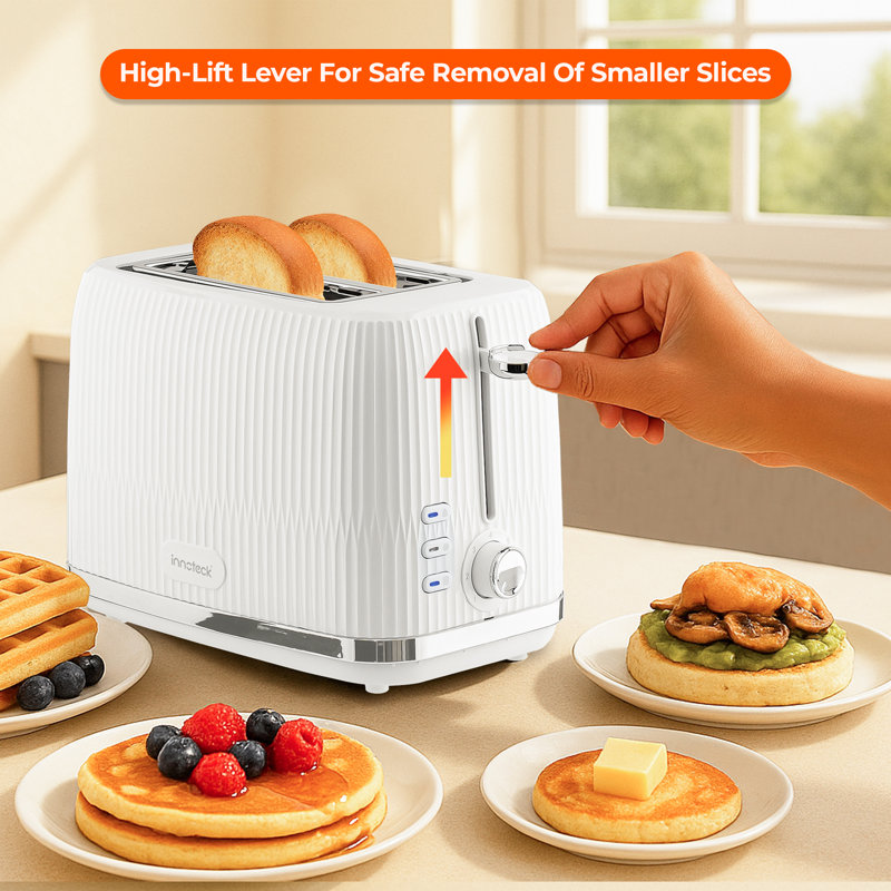 2 Slice Toaster in Glossy Ridged Textured Body and Stainless Steel Mechanism, White