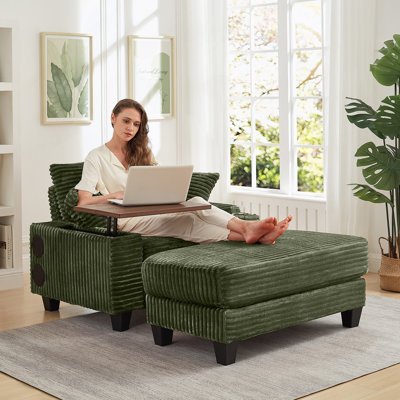 Canapé en velours côtelé avec accoudoirs, siège polyvalent simple avec repose-pieds, porte-gobelet, haut-parleur Bluetooth, ports USB, tableau pivotant à 180 °, pour le salon, la chambre à coucher et l’appartement