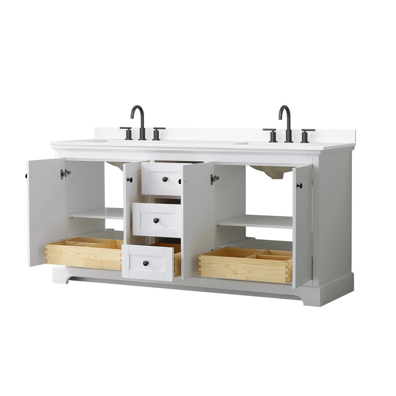 Meuble-lavabo double 72 po Avery en blanc, comptoir en marbre de culture de Carrare, lavabos carrés encastrés (3 trous), garniture en chrome poli