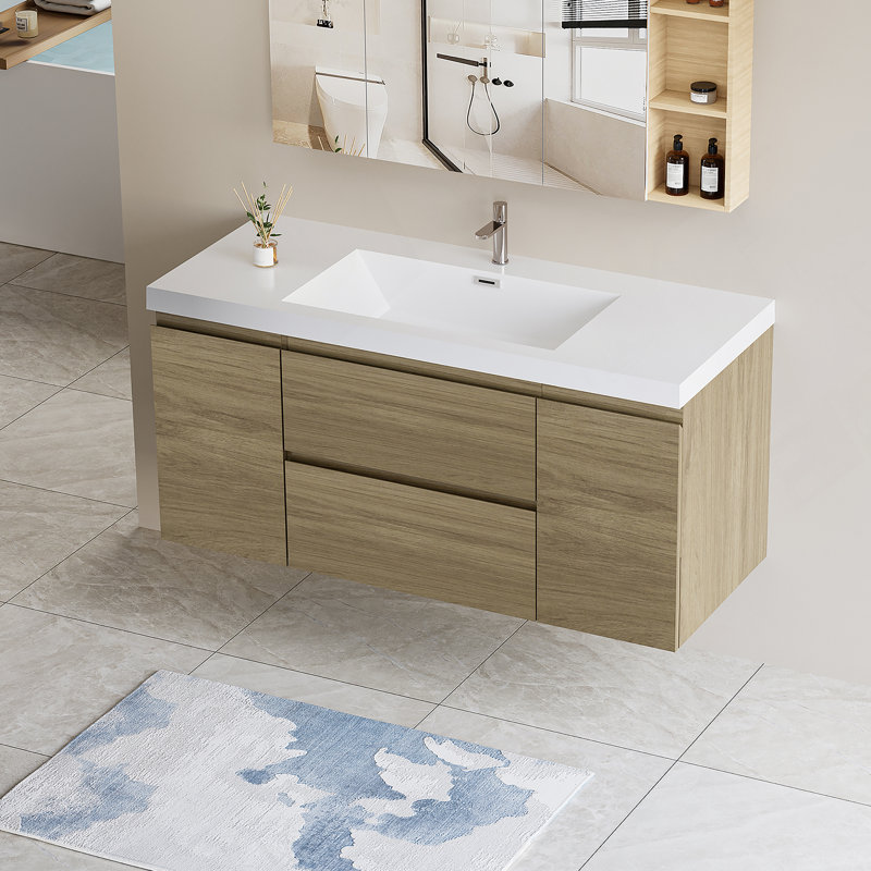 Meuble-lavabo mural de 48 po avec lavabo, meuble-lavabo mural moderne avec lavabo en résine et tiroirs à fermeture en douceur, chêne naturel 24V11-48NO