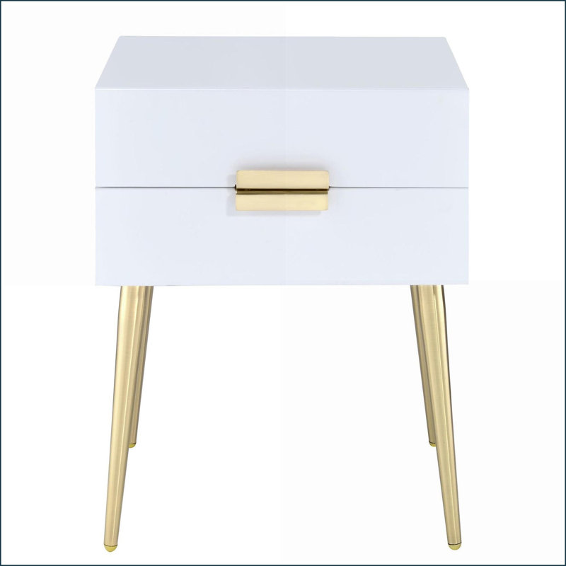 Blanc et blanc Table basse dorée à 2 tiroirs, peu encombrante pour les petites pièces avec pieds dorés luxueux, Blanc / Doré