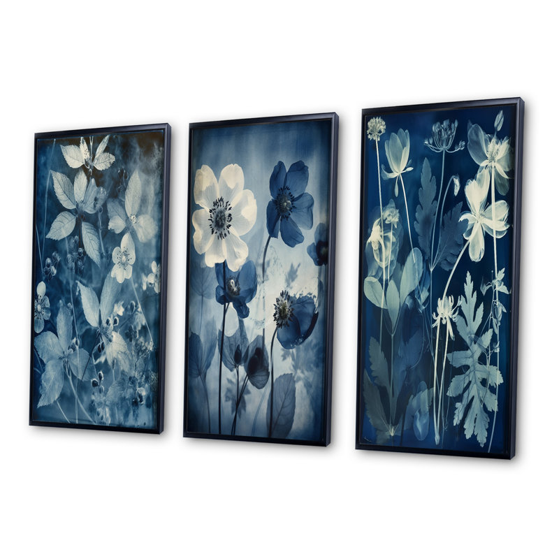 «Fleurs botaniques rétro en bleu délavé II», 3 pièces, Cadre flottant noir, H 32 po x l 48 po