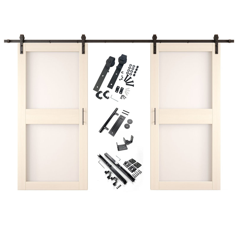 Portes de grange doubles en verre non assemblées et finies de 26 po x 84 po avec ensemble de quincaillerie d'installation non encastrée Homacer Tinsmith Grey