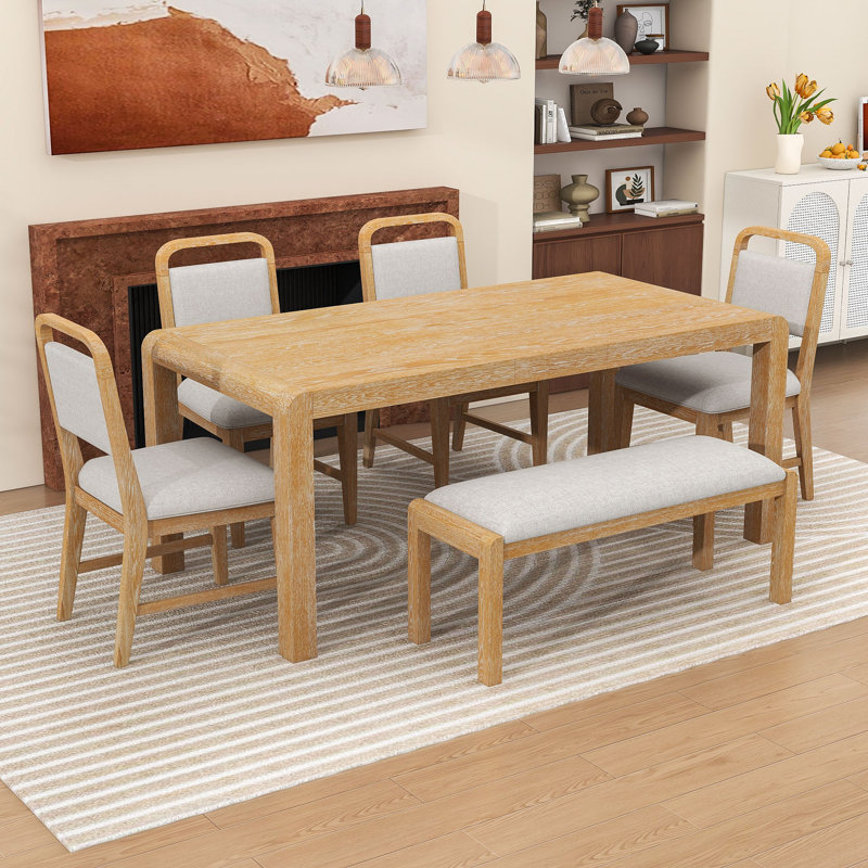 Ensemble de table de salle à manger extensible Elegant 6 pièces avec rallonge amovible, chaises rembourrées et banc, Naturel