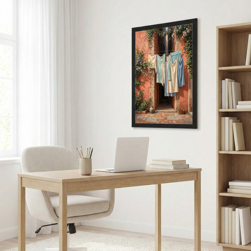 Art mural sur toile noir encadré pour le salon, la chambre à coucher, le bureau ou le vestibule - décoration murale décorative avec scène de buanderie