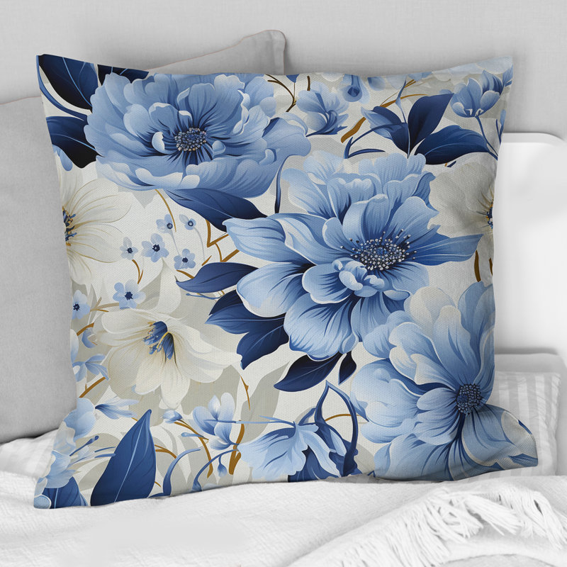 Motif floral victorien bleu et blanc - Coussin décoratif imprimé floral, H 18 po x l 18 po