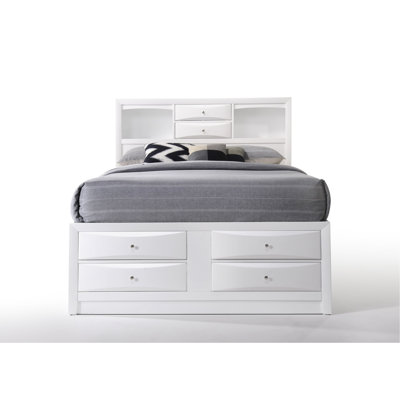 White Finish, Queen Bed, Bookcase Storage, 8 Drawers, Metal Glide Drawer Technology, Single Pull Knob Storage Headboard,