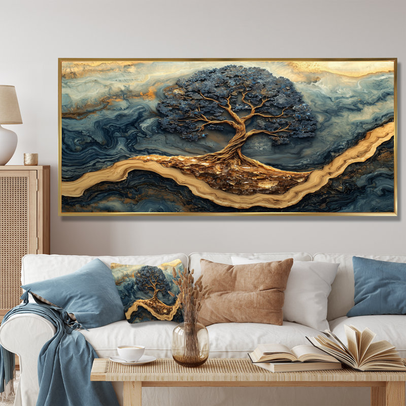 Arbre de vie bleu or bleu dans un paysage de forêt - Arbre de vie, reproductions encadrées, H 28 po x l 60 po, Doré