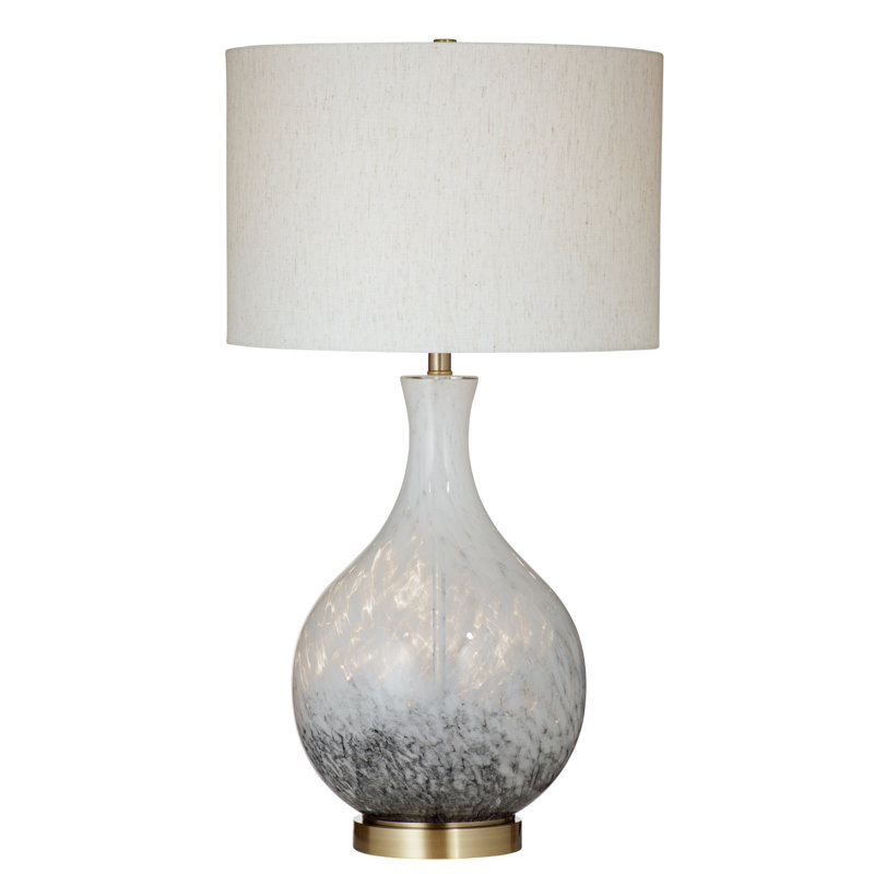 Spey Black & White Glass Table Lamp with Gold Accents & Linen Shade