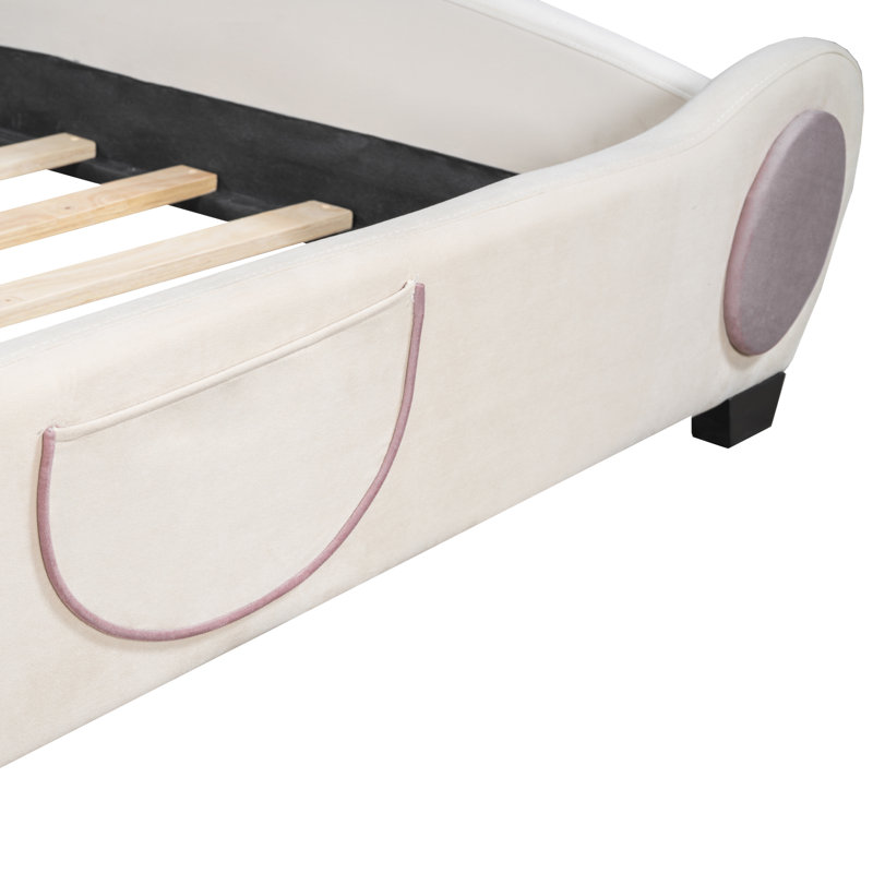 Lit plateforme en velours avec tête de lit en forme d'ours et poche de rangement à l'extrémité du lit, Beige, Double