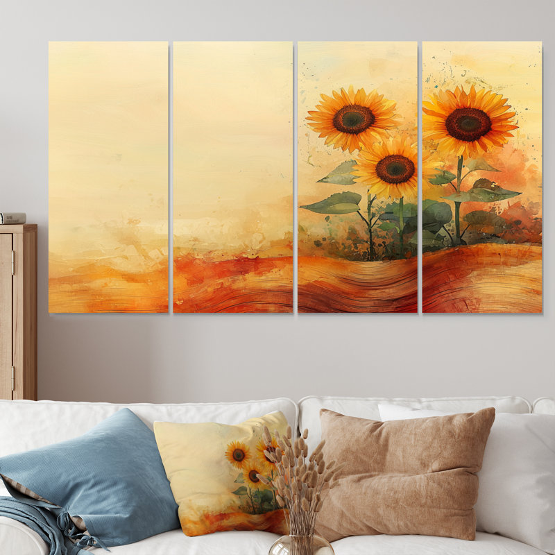 Dotschay - art mural traditionnel tournesols - 4 pièces, H 28 po x l 48 po