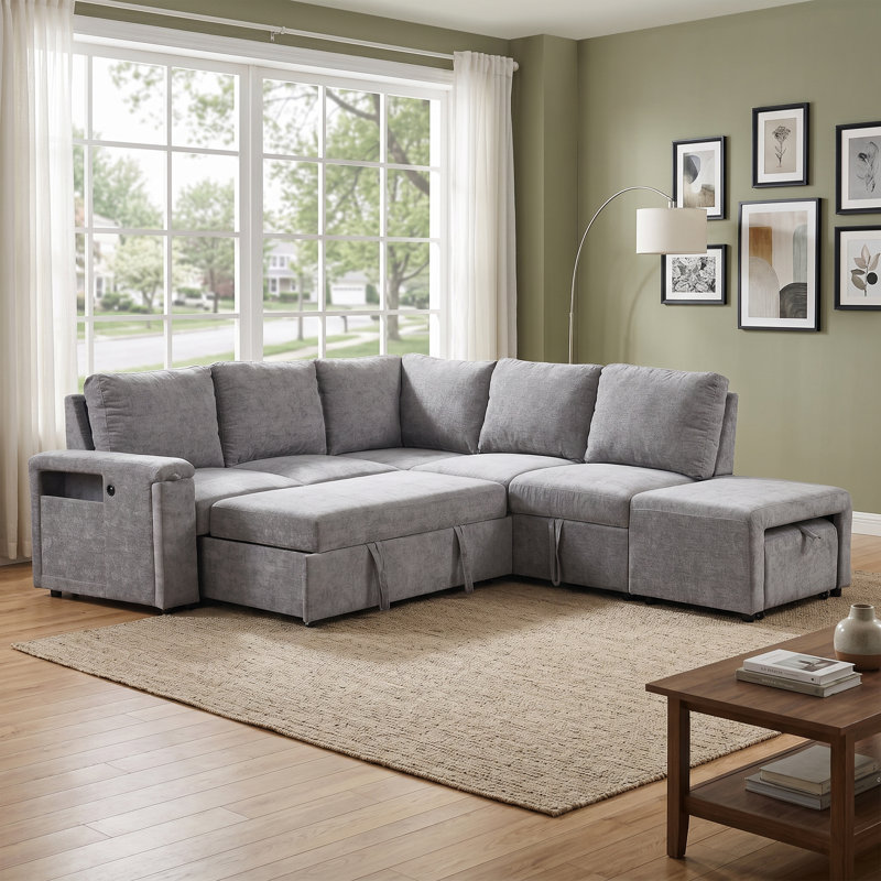 Canapé-lit modulaire en polyester 90,6 po en forme de L gris, Polyester gris