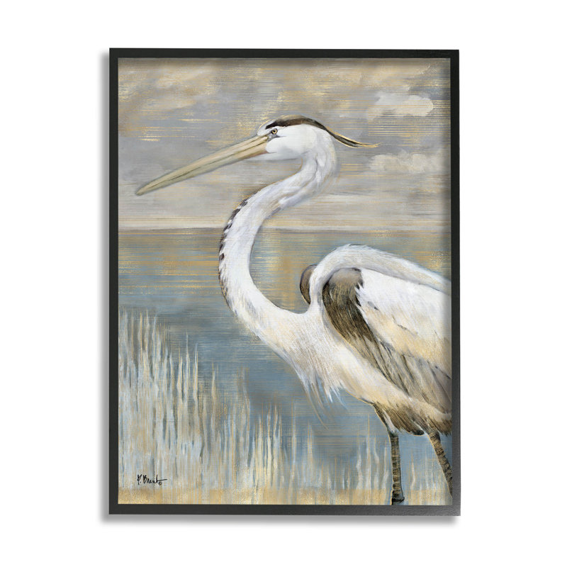 «Heron Bird Abstract Marshland Coast» par Paul Brent - peinture sur bois, Giclée encadrée noir minuit