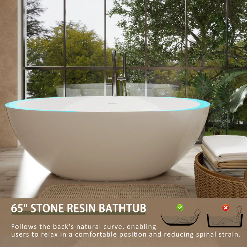 65" Luxury Handcrafted Stone Resin Freestanding Soaking Bathtub with Overflow and Pop-up Drain, Polished White