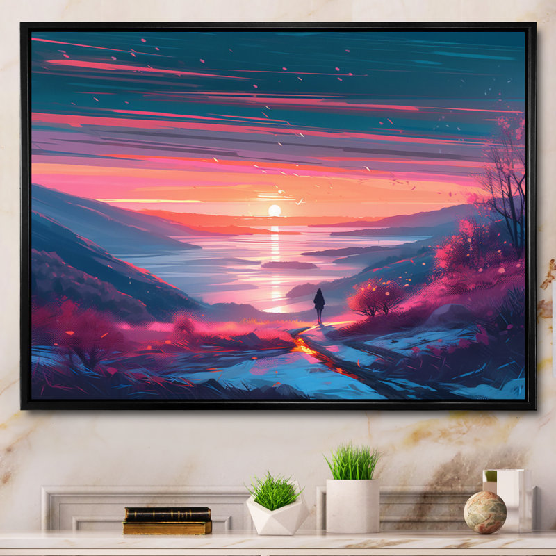 Hiver, lever de soleil sur le lac et les montagnes II, Cadre noir, H 24 po x l 32 po x P 1 po