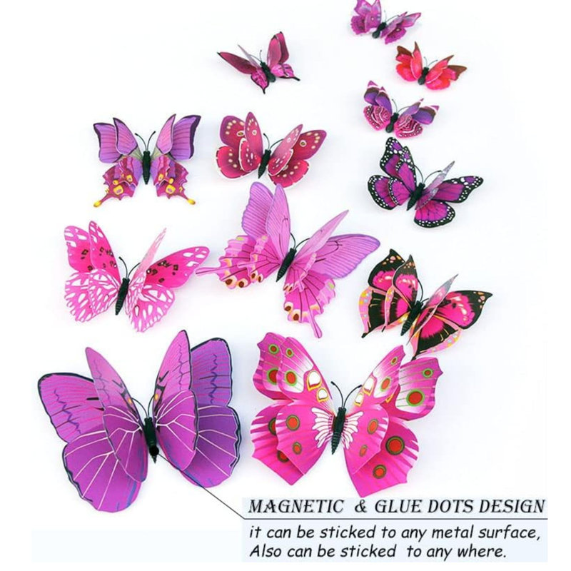Ensemble de 24 autocollants muraux papillons violets aimantés 3D