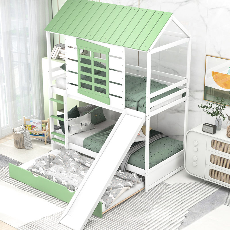 Lit superposé simple surdimensionné avec glissière réglable et lit gigogne en blanc + - Maximise l'utilisation de l'espace de la chambre à coucher.