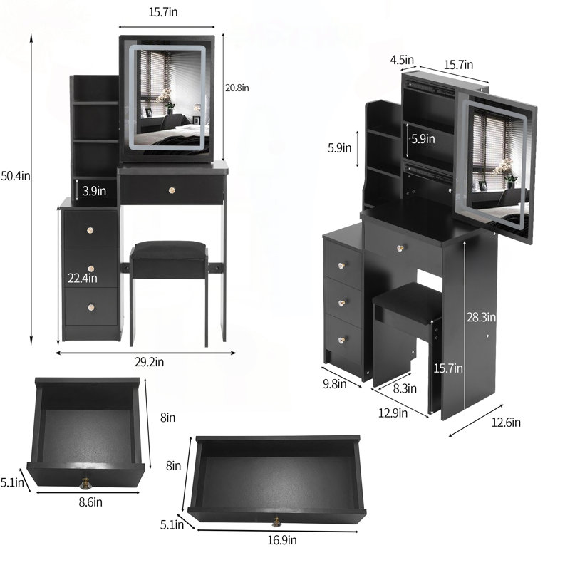 Petit meuble-lavabo compact avec miroir DEL et tabouret de rangement, Black