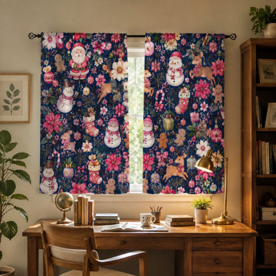 2Pcs Christmas Floral Curtains, Winter Holiday Santa Snowman Reindeer Patterned Rod Pocket Window Drapes for Living Room Bedroom Kitchen, Festive Home Decor