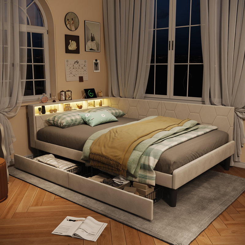 Upholstered Daybed, Beige, European Double (140 x 200 cm)