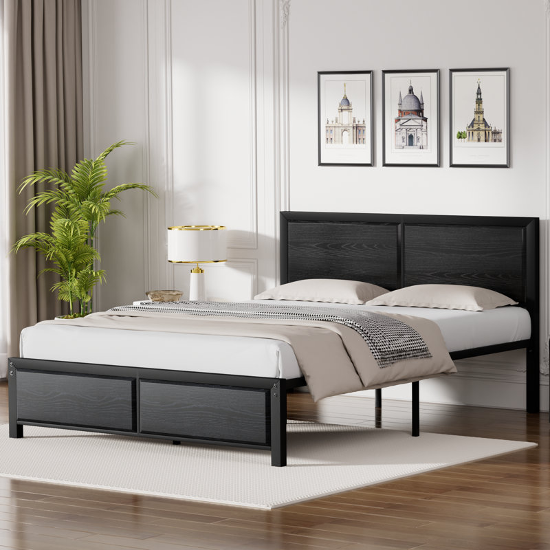 Kempst Full Size Black Metal Bed Frame with Wooden Headboard & Footboard, Rustic Farmhouse Platform Bed with Heavy Duty Steel Slats Support, No Box Spring Needed