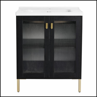 Meuble-lavabo autoportant de 28 pouces avec lavabo en céramique et porte à fermeture en douceur, fabrication en contreplaqué durable pour les intérieurs modernes