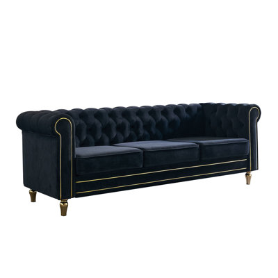 Living Room Black Velvet 84.65". Breathable Upholstery, Skin-. Pocket Spring And High Density Sponge Seat Cushions For Comfortable. Gold Trim Deep Button Tufting Classic. Solid Wood Frame Stable