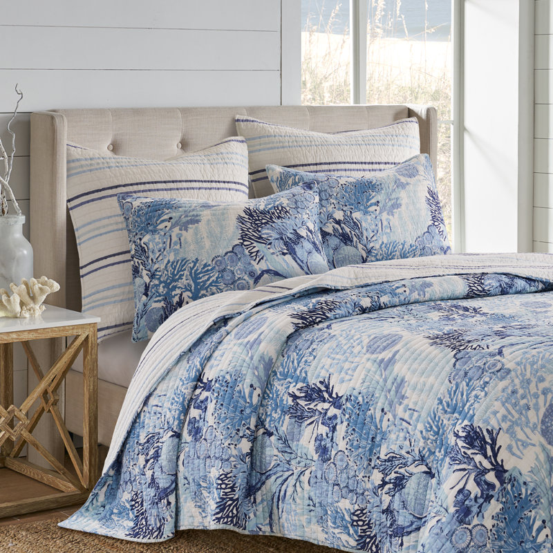Blue Cotton Twin Reversible Nautical Quilt Set