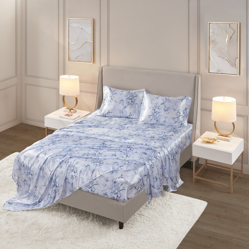 Printed Satin Wrinkle Resistant Luxury Sheet Set, Queen Sheet Set + 2 Standard Pillowcases, Blue Marble