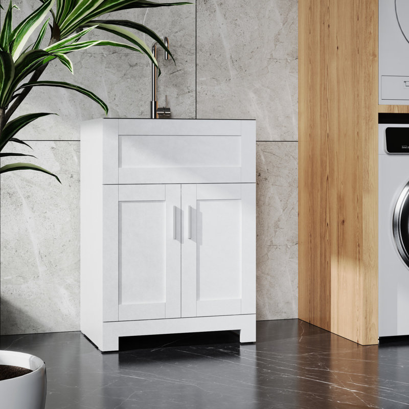 Armoire de lavabo à lessive blanche 24 po - Robinet en acier inoxydable Mode de fonctionnement silencieux