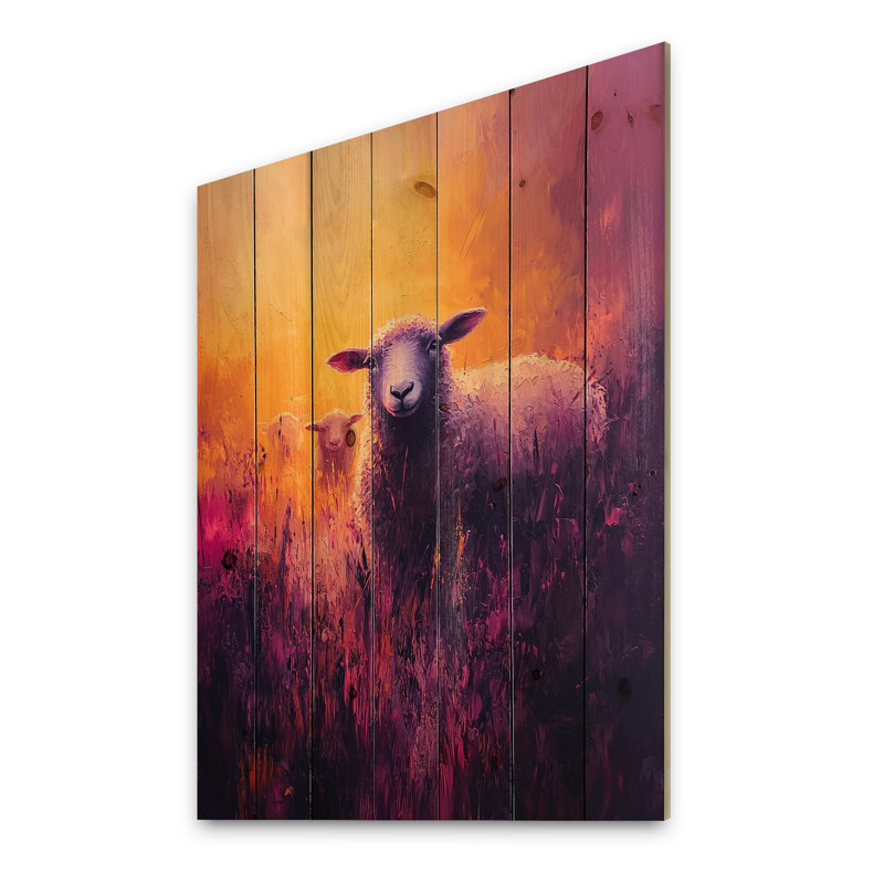 Lavender Sheep At Sunrise III - Sheep Wood Wall Decor - On Natural Pine Wood, 44" H x 34" W x 0.78" D