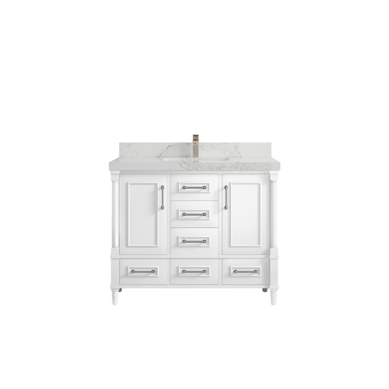 42 po X P 22 po D Meuble-lavabo de salle de bain simple en blanc avec 2 comptoirs en quartz Calacatta Nuvo