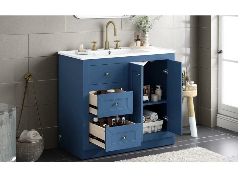 Armoire de salle de bain autoportante de 36 pouces avec lavabo en céramique 36 pouces, 2 tiroirs et tablette, armoire en bois massif et panneau de fibres à densité moyenne (bleu)