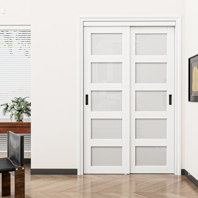 48"x80" Sliding Closet Door (Double 25"W) Bypass Frosted Glass 5-Lite, White , Hardware Kit and Handles Included
