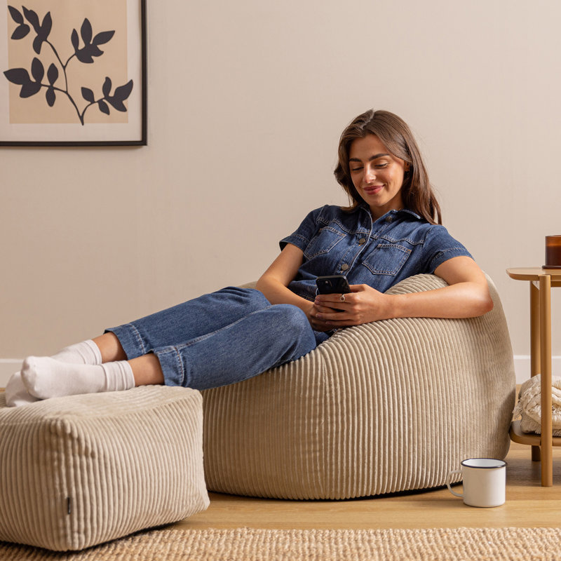 Bean Bag Bazaar Kingston Corduroy XL Classic Bean Bag and Footstool, Beige