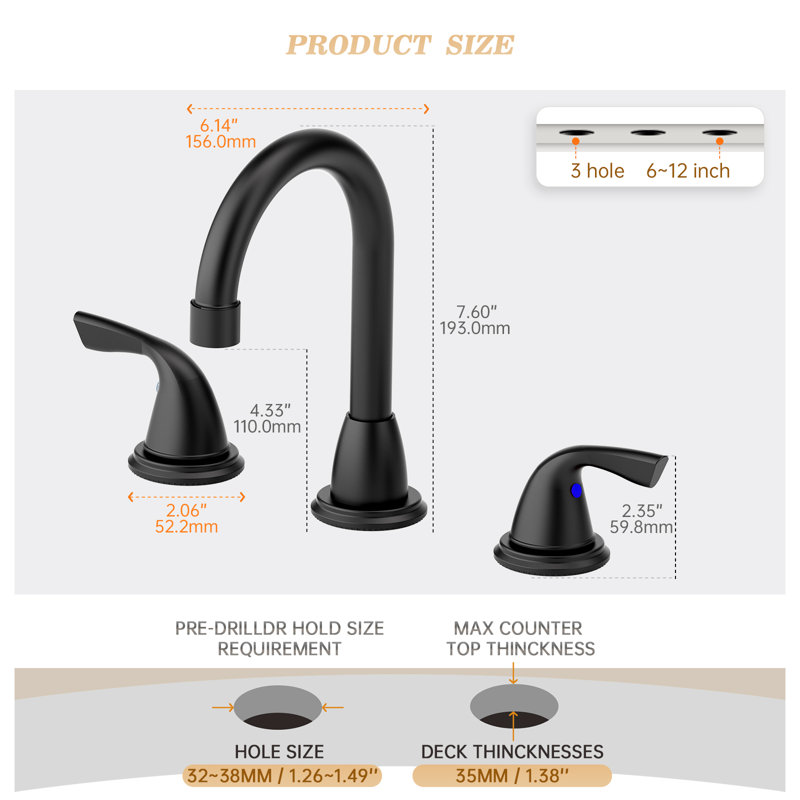 Matte Black 3 Hole 8 Inch Bathroom Sink Faucet, Widespread 2 Handle Modern Vanity Faucet With Metal Pop Up Drain And Water Supply Lines